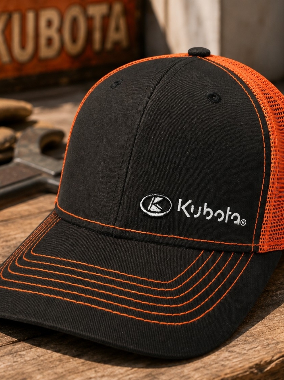 Kubota DRI DUCK Black & Neon Orange Mesh Snapback Trucker Hat NWOT